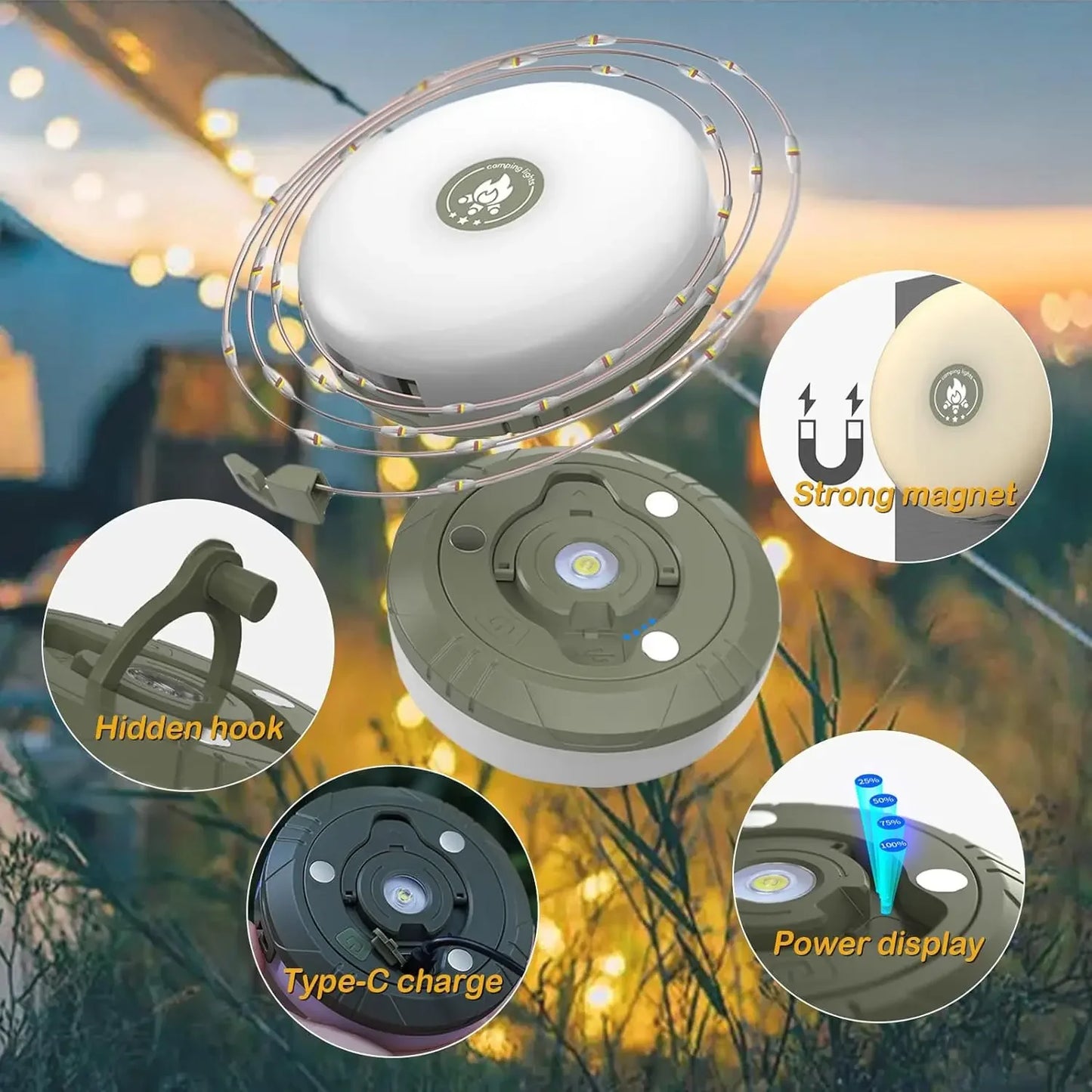 4-in-1 Camping Light LED Reel String Lights Outdoor USB Camping Lamp Recyclable LED Night Light For Garden Tent Room Decor